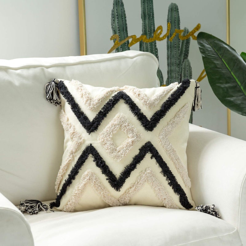 Snugtown Woven Tufted Boho Throw Pillow Cover, Modern Decorative Geometric Chevron Striped Cushion with Tassels, Farmhouse Tribal Pillowcases for Couch Sofa Bedroom Living Room, 18 x 18 Inches, Black, Ivory - Image 4